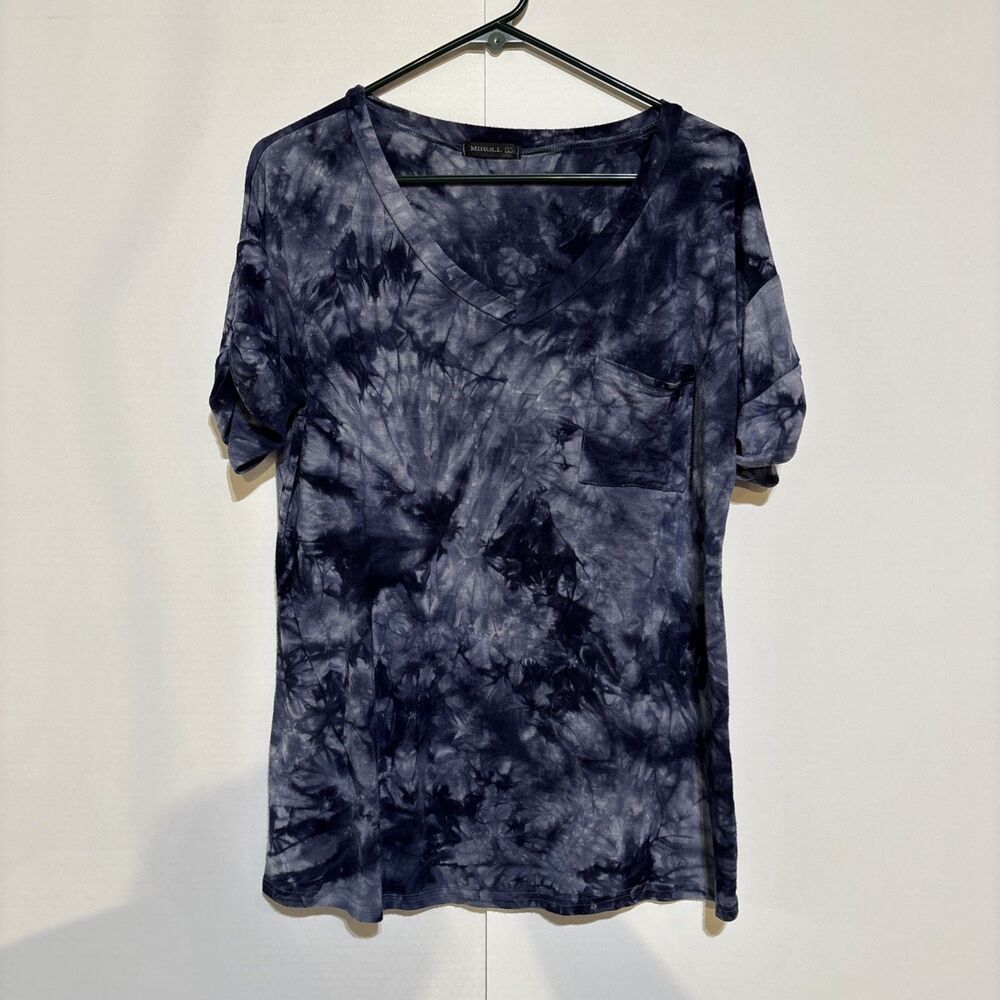 Women Miholl Blue V neck Camo S/S Shirt Pocket Preown Chest 42" Casual